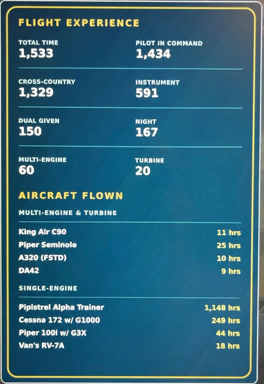 Andy Garcia Jr. aviation experience summary showing 1,533 total flight hours, flight-time categories, and experience in single-engine, multi-engine, turbine, and simulator aircraft.